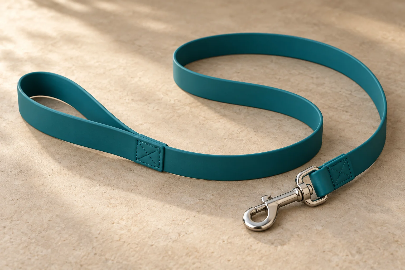 Smooth coated webbing leash showing its surface, handle and connector