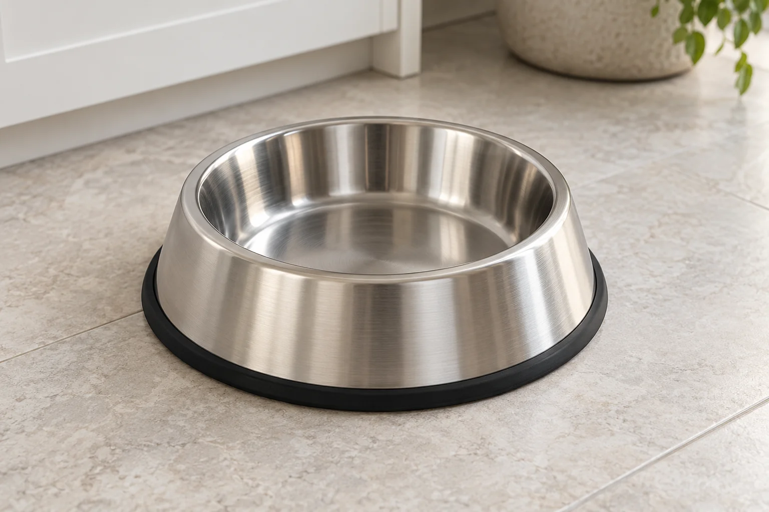 Stainless steel dog bowl with a fitted base ring and smooth interior