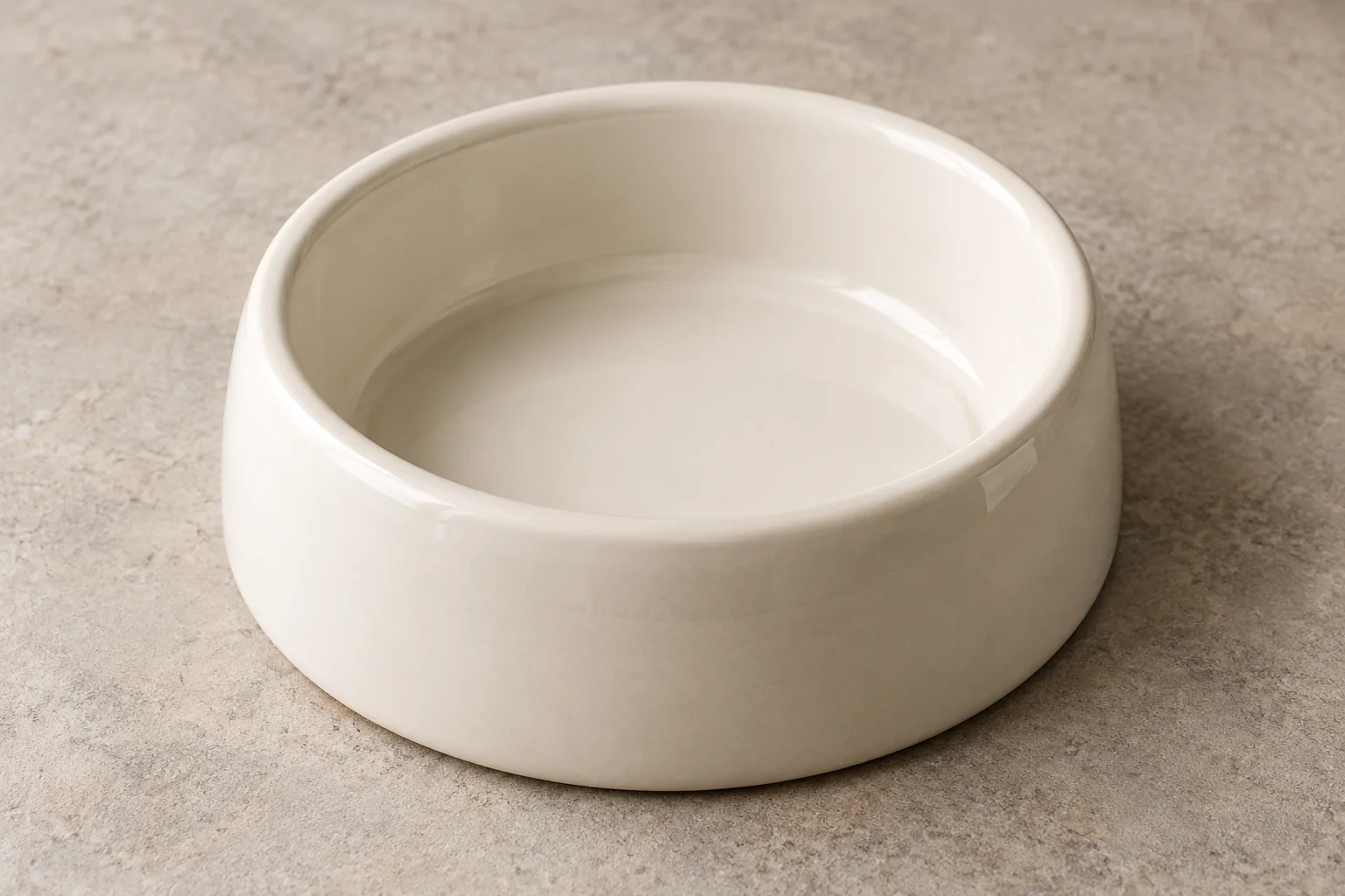 Ceramic dog bowl with a rounded rim and intact glazed feeding surface