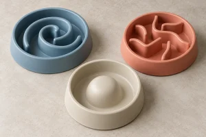 Patterns compared for the best slow feeder dog bowl: curved track, maze and dome