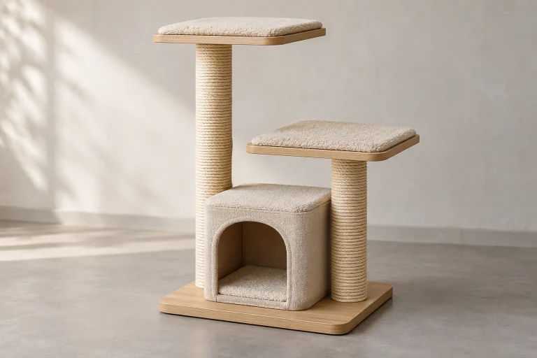 Cat tree building materials shown as panels, wrapped posts and soft platform pads