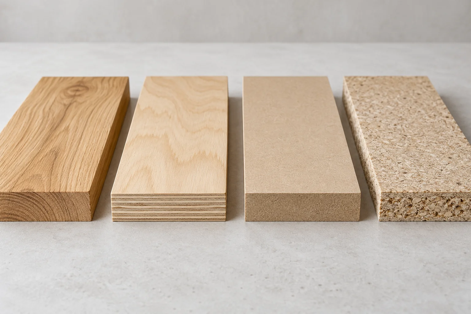 Solid wood, plywood, MDF and particleboard samples with visible panel edges