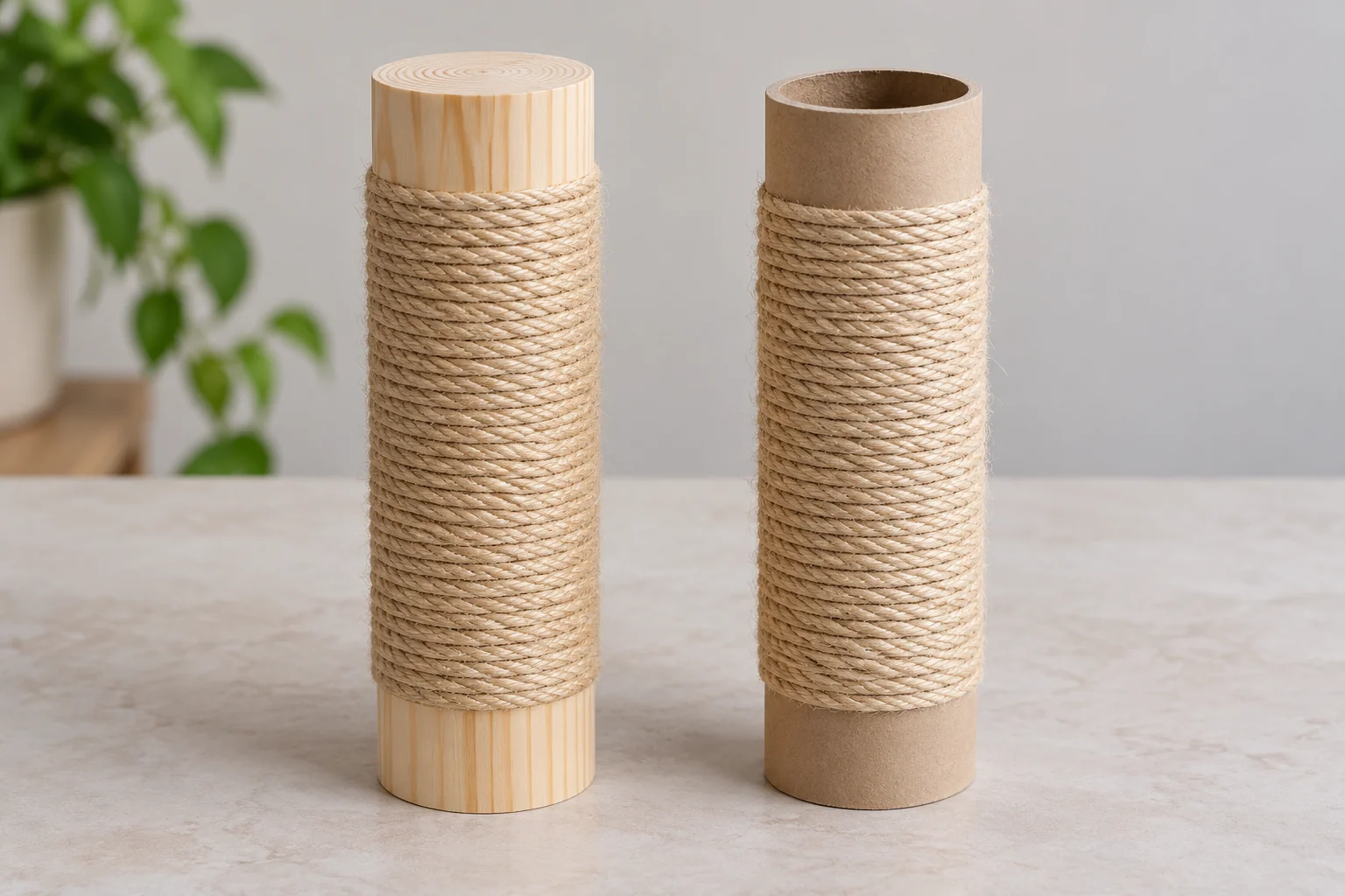 Solid wood post and hollow paper-tube post with partial sisal coverings