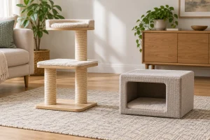 Open cat tree platforms beside an enclosed cubby in a cat tree vs cat condo comparison