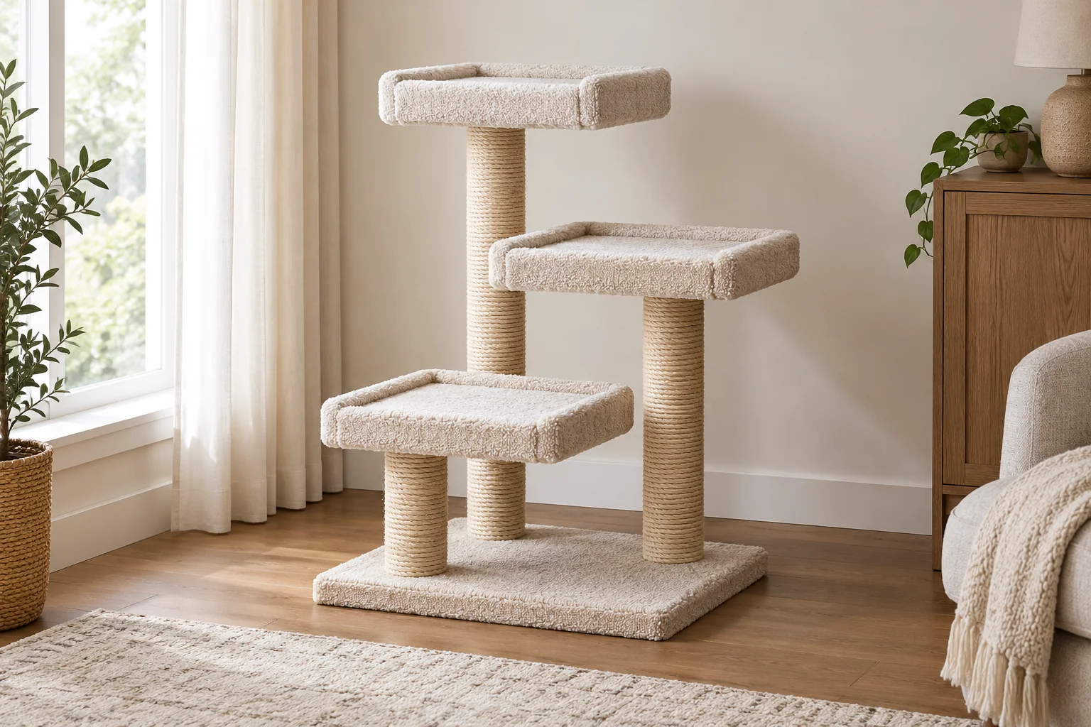 Staggered cat tree platforms showing an approach route with intermediate landings