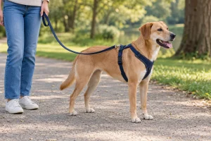 Dog harness and leash connected together during a calm walk