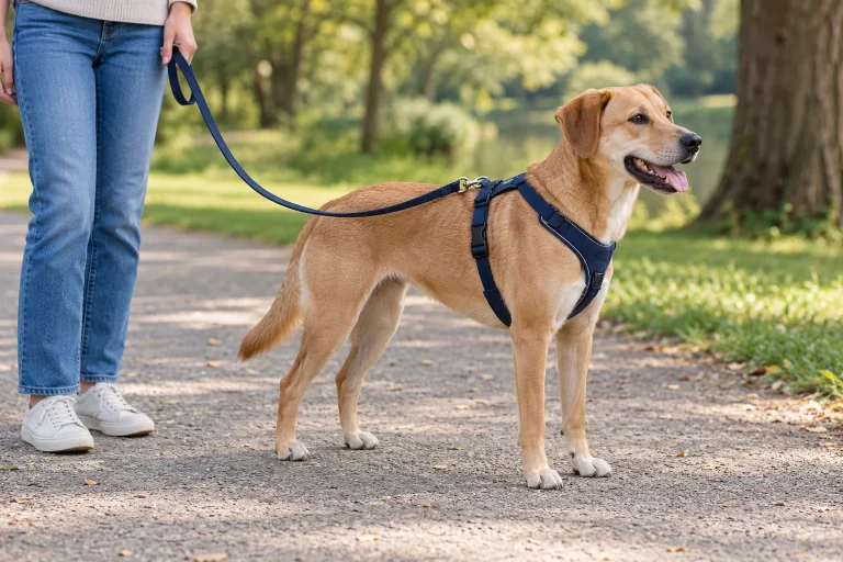 Dog harness and leash connected together during a calm walk