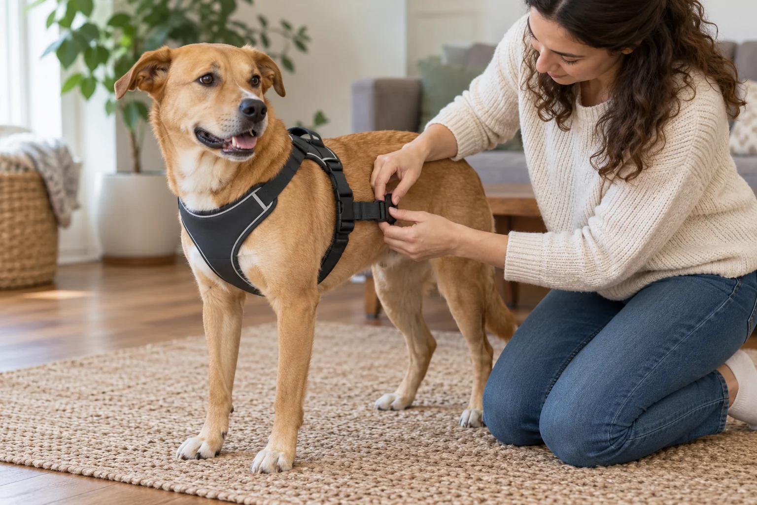 Handler adjusting a dog harness strap in a familiar setting