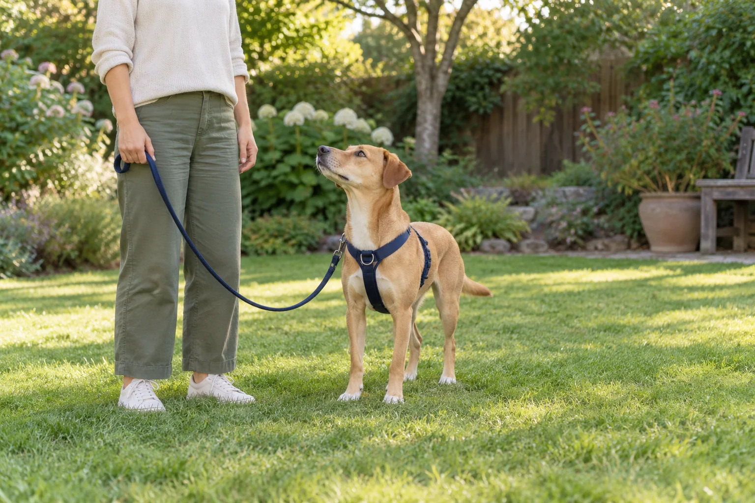 Dog and handler starting leash practice in a quiet garden