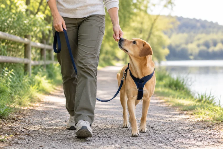 Handler rewarding a dog nearby while the leash stays loose