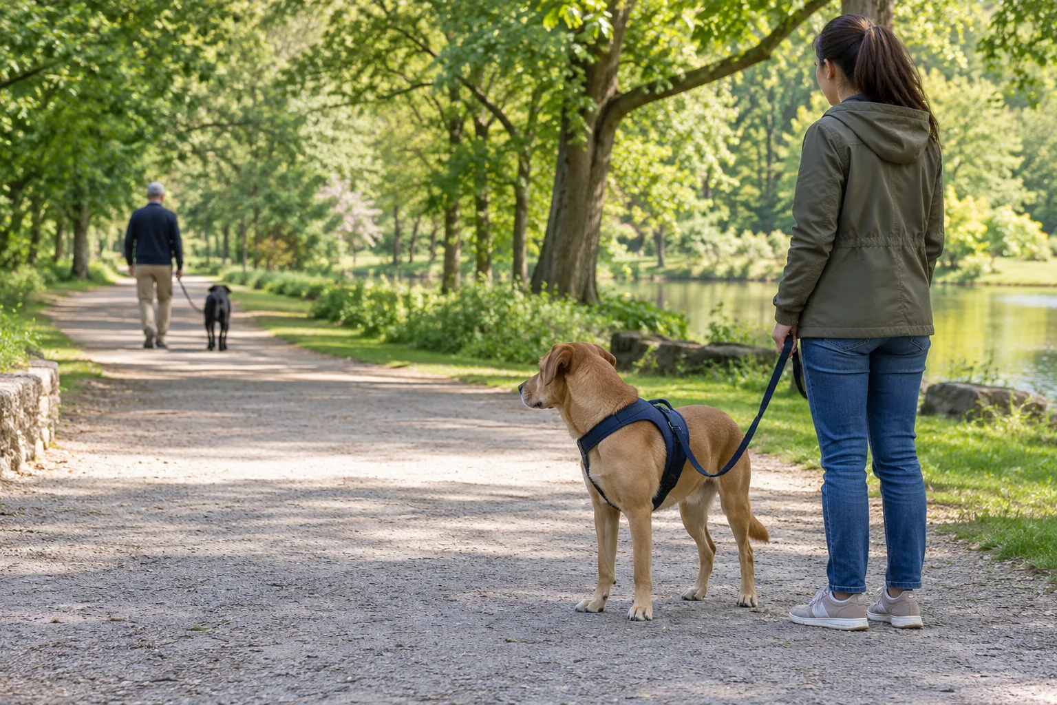 Two leashed dogs with separate handlers and space between them