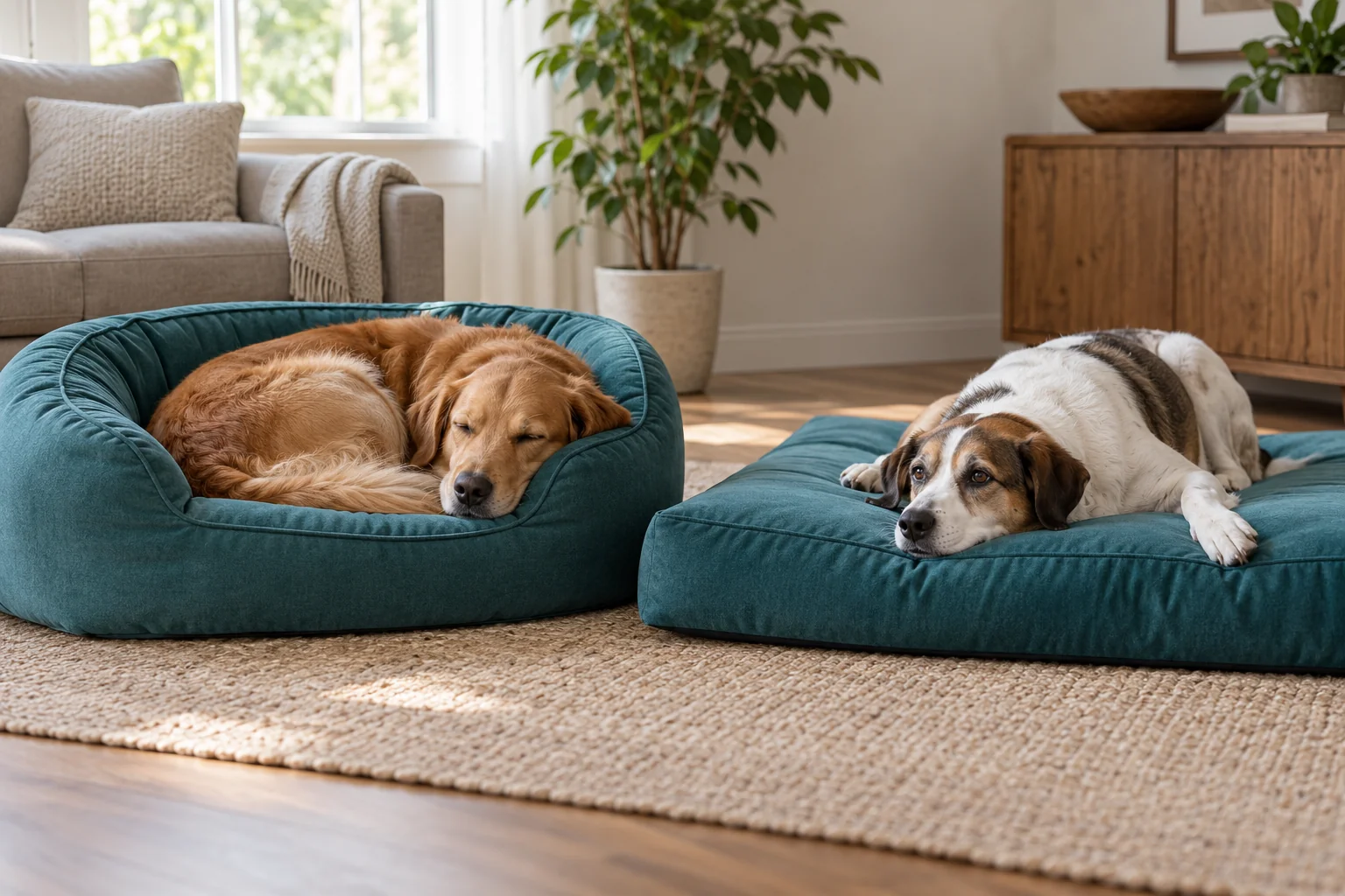 Dogs resting curled and stretched on separate beds