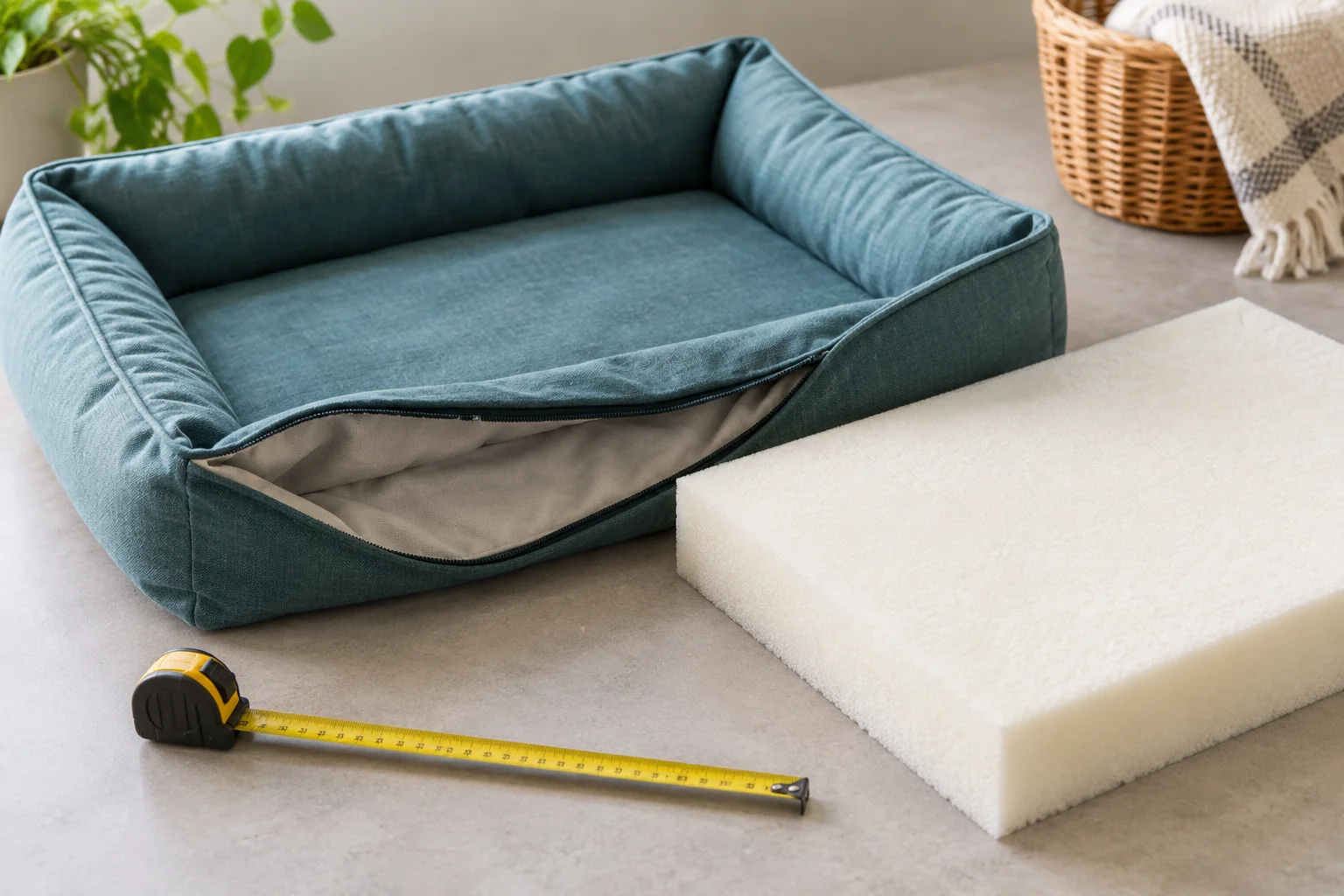 Dog-bed cushion, separate foam insert and measuring tape