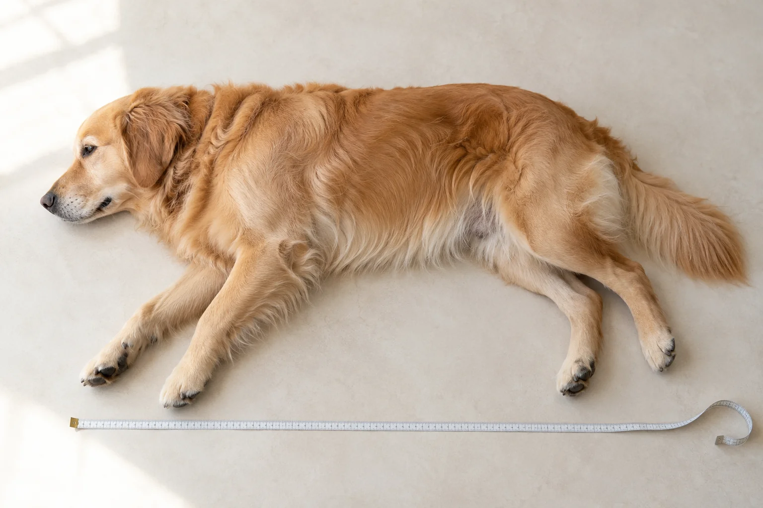 Dog resting naturally beside a measuring tape