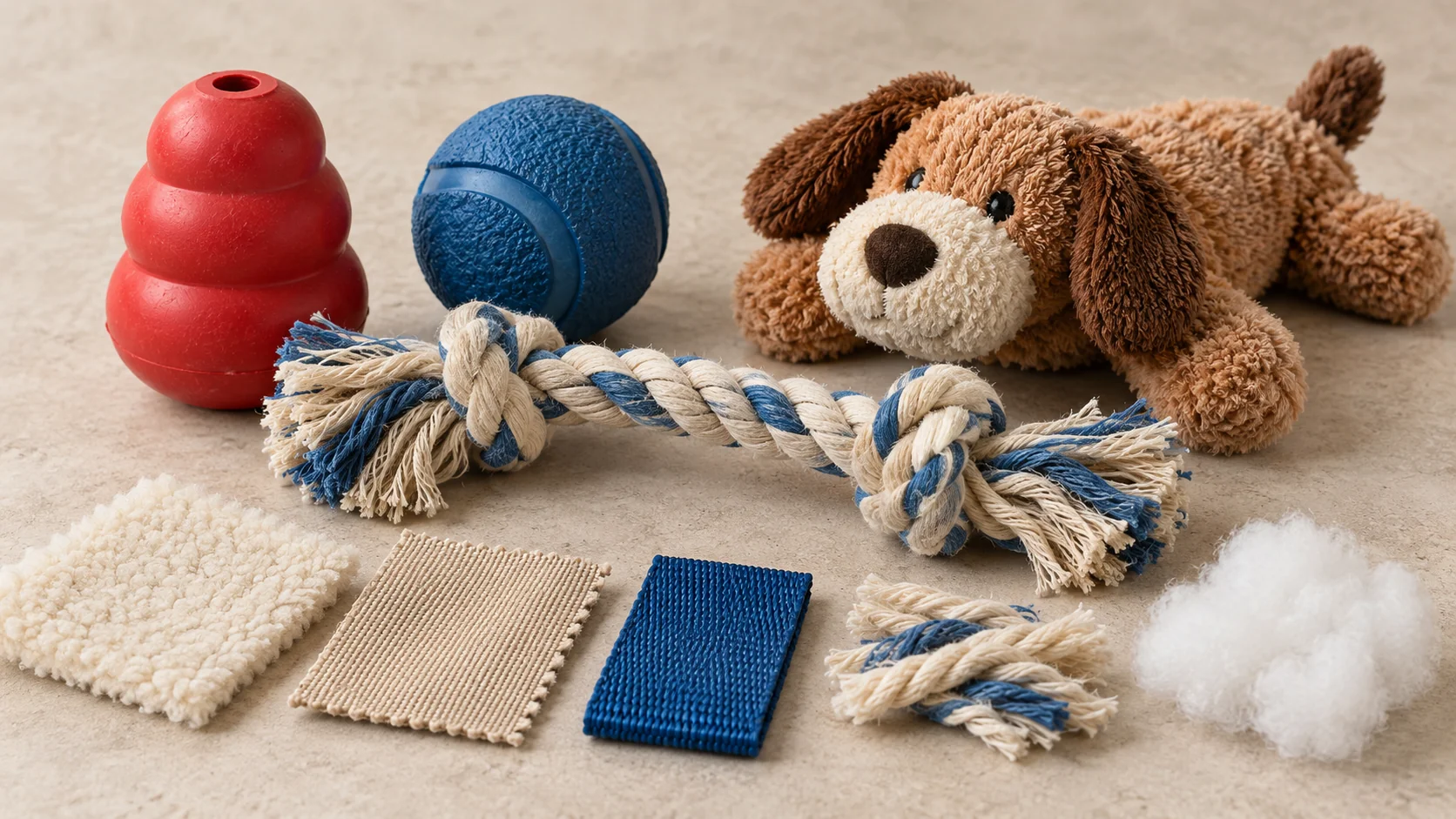 Assortment of rubber, rope and plush dog toy materials