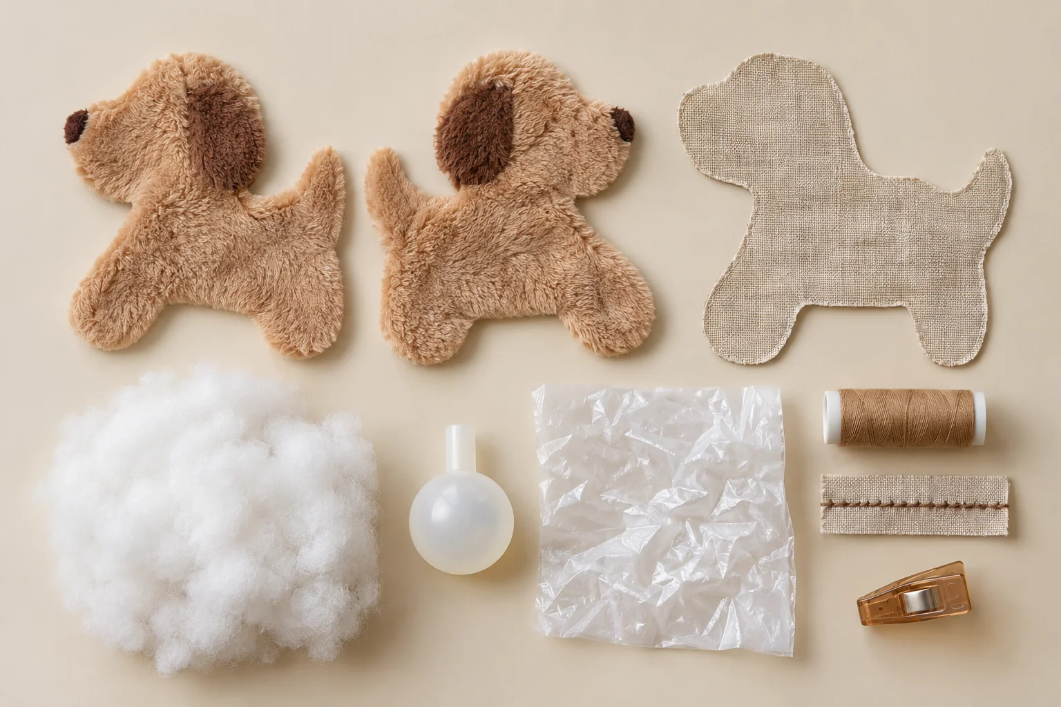 Plush dog toy shell, fill, squeaker and crinkle insert components