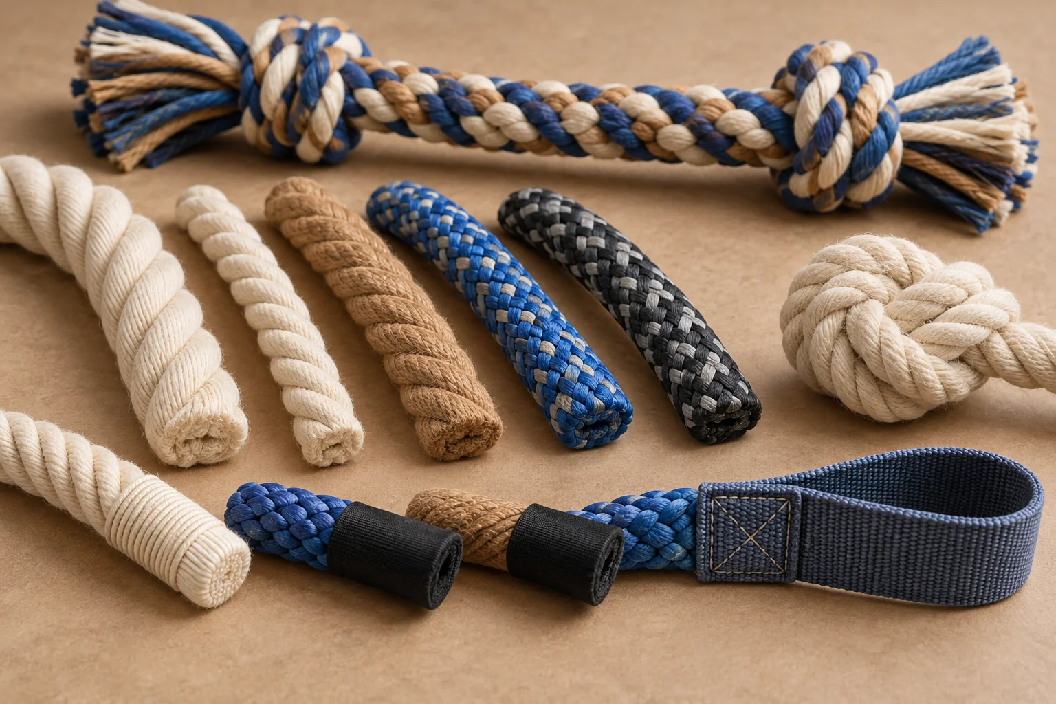Twisted and braided rope samples with knots and stitched attachments
