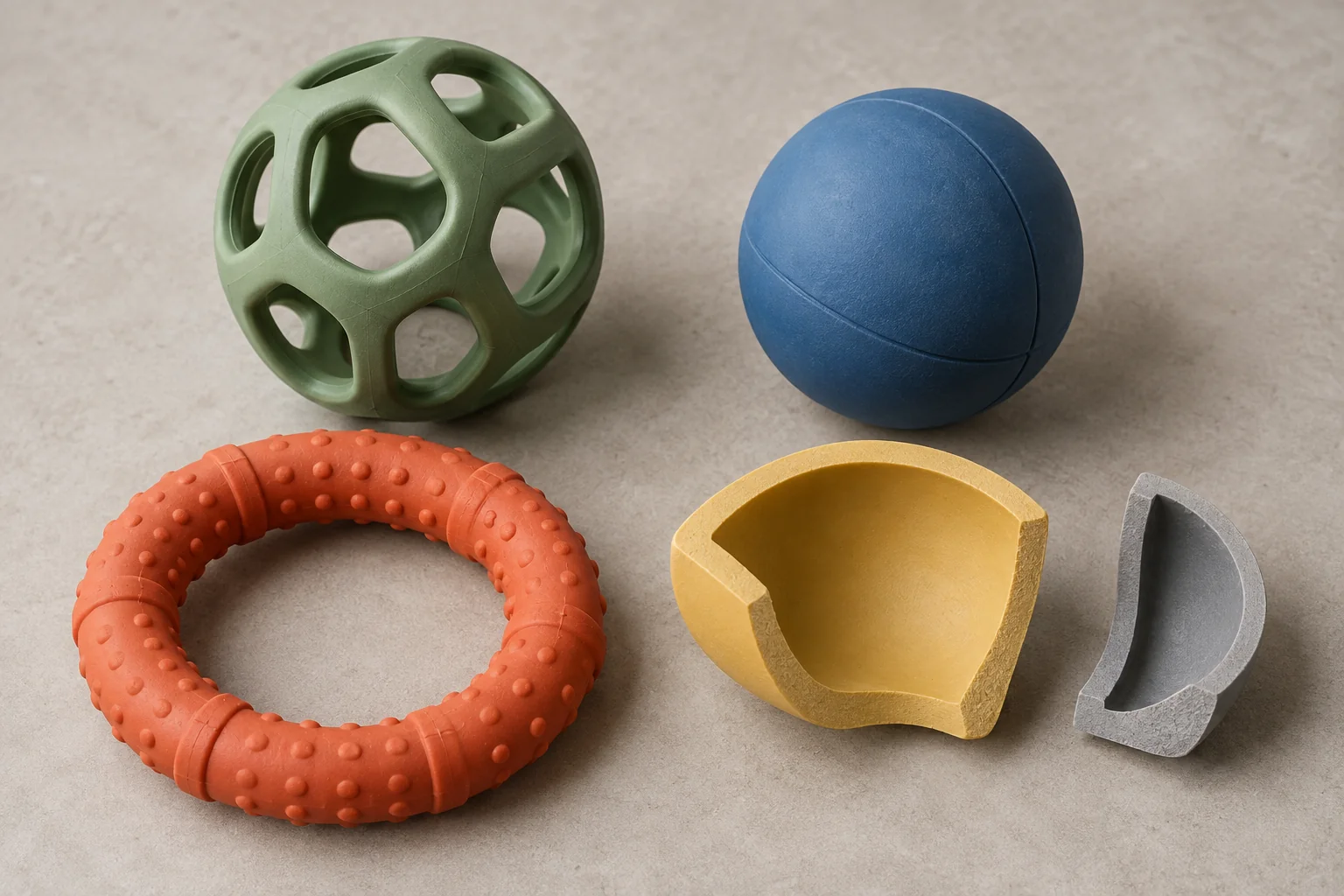 Generic molded dog toy shapes with different rubber-like constructions