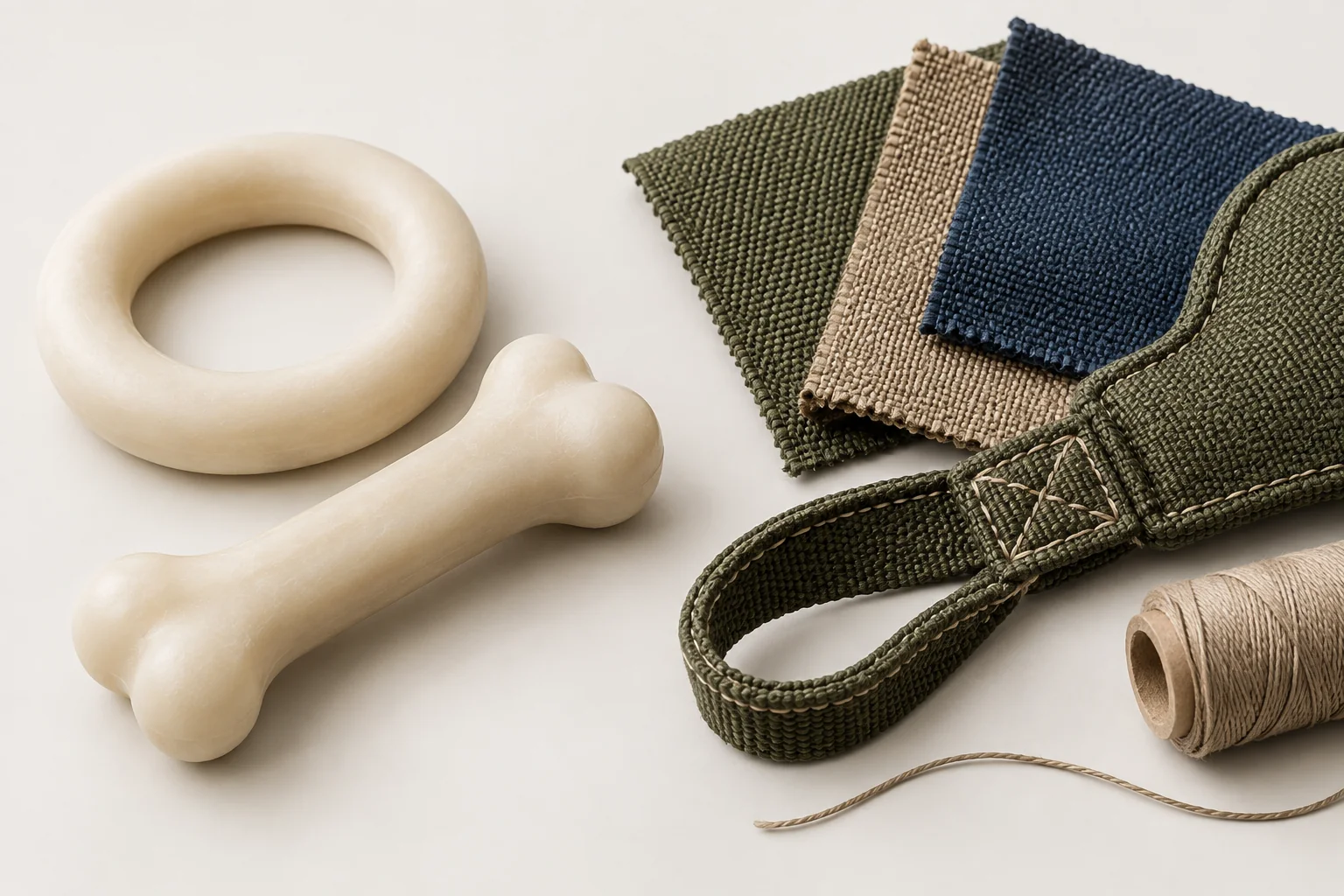 Solid nylon-style chew components beside woven nylon fabric samples