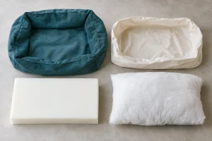 Material for dog bed construction: separate cover, liner, foam and fiberfill cushion components