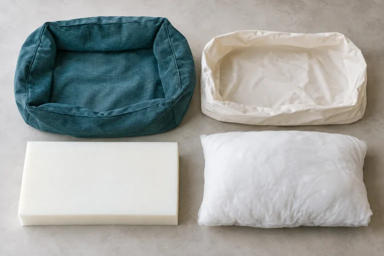 Material for dog bed construction: separate cover, liner, foam and fiberfill cushion components