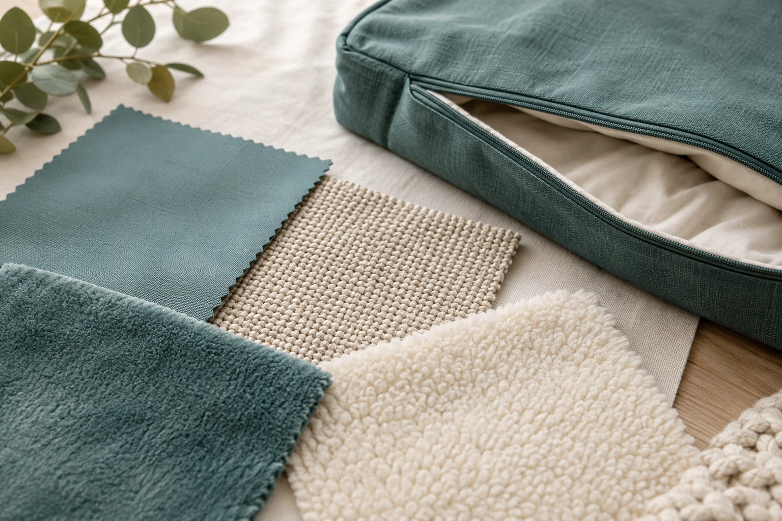 Illustrative fabric swatches beside a removable dog-bed cover